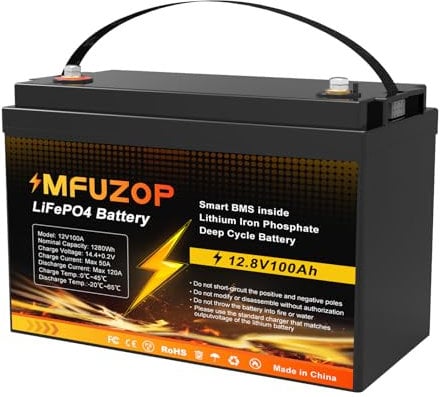 MFUZOP 12V 100AH LiFePO4 Lithium Battery, Built-in 100A BMS, 1280Wh LiFePO4, 4000-15000 Deep Cycles Battery, Support in Series/Parallel, for RVs, Boats, Campervan, Home Energy Storage