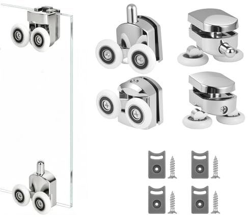 JiuXinYuKeJi 4 Pcs 23mm Shower Door Wheels Curved Shower Door Rollers Replacement Bathroom Runners Screen Rollers for Enclosures, Fits 4-6mm Glass with Anti-Collision Block (2 Top and 2 Bottom Wheels)