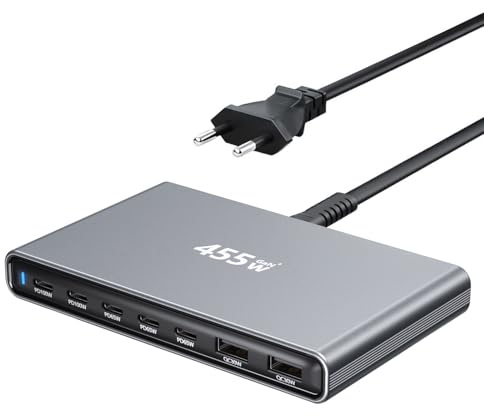 USB C Ladegerät, 455W 7 Port USB ladegerät mehrfach, Multi Port Schnellladestation, GaN PD PPS-Netzteil Kompatibel mit MacBook Pro/Air, Dell, iPhone, Galaxy, Laptops, Tablets, Mobiltelefonen