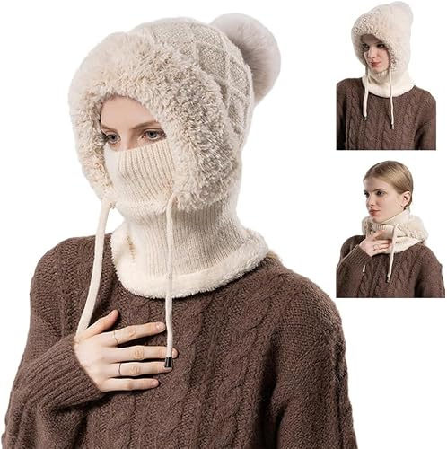 JOHNBOLIN 2026 Neu Wintermütze Damen, 3 in 1 Strickmütze mit Fleece, Balaclava & Halswärmer Set, Warme Multifunktionale Beanie Mütze mit Gesichtsschutz für Outdoor, Skifahren & Alltag