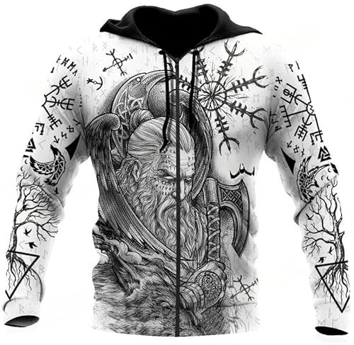 famesale Raven Odin Tattoo Helm der Ehrfurcht Runen 3D-Gedruckter modischer Herren Kapuzenpullover mit Reißverschluss Herbst Streetwear Unisex Freizeit Kapuzenpullover mit Reißverschluss