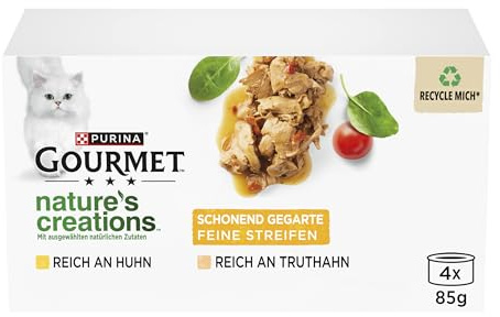 GOURMET Nature's Creations Feine Streifen, 48er Pack (12 x 4 x 85g) | Katzenfutter nass, reich an Huhn & Truthahn mit Spinat & Gemüse
