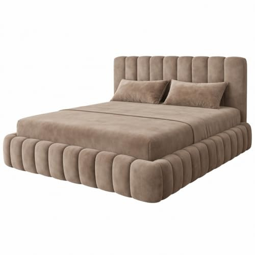 Teddy Plush Velvet Ottoman Storage Bed Frame with Gas Lift, Upholstered Panel Headboard, Small Double Double King Super King (Mink Plush, 5FT King Size with gas lift storage)