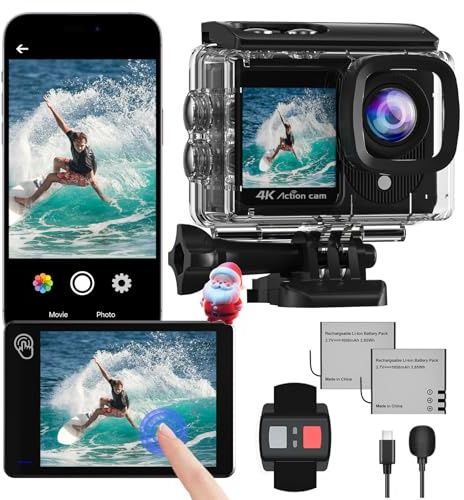 Camlance Action Cam 4K Dual Screen, 48MP ActionKamera mit WiFi, 40M Unterwasserkamera Mit EIS,170° wasserdichte Helmkamera mit Fernbedienung,Mikrofon,2 Batterien,Actioncam Helmhalterung Zubeh