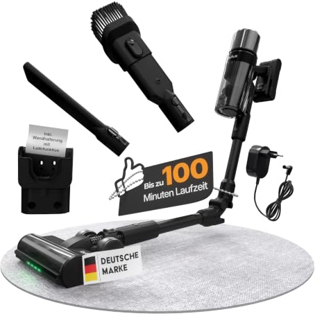 lautux Clenza Pro Nachtschwarz – Kabelloser Akku-Staubsauger 38 kPa mit 3 Saugmodi, bis 100 Min Laufzeit, HEPA H11 Filter, Turbobürste für Tierhaare, LED-Display & Wandhalterung, beutellos
