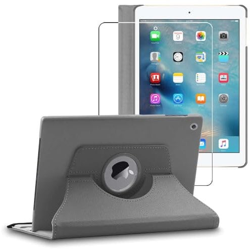 ebestStar - Funda para iPad 2018 9.7 2017, Air 1 2013 Apple, Carcasa Capa Giratoria, 360 Protectora, Cuero PU Soporte, Gris + Cristal Templado