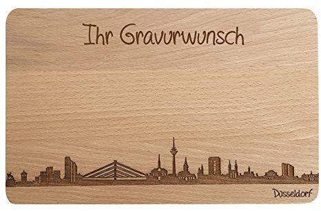 Brotzeitbrett Düsseldorf Skyline | Frühstücksbrettchen aus Buche | Holz Schneidbrett | Geschenk mit Gravur | Frühstücksbrett | Nordrhein-Westfalen (Brett XL (35x23x1,5cm), 2. mit persönlicher Gravur)