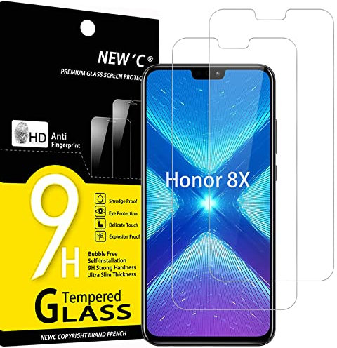 NEW'C 2 Piezas, Protector Pantalla para Honor 8X, Cristal templado Antiarañazos, Antihuellas, Sin Burbujas, Dureza 9H, 0.33 mm Ultra Transparente, Ultra Resistente