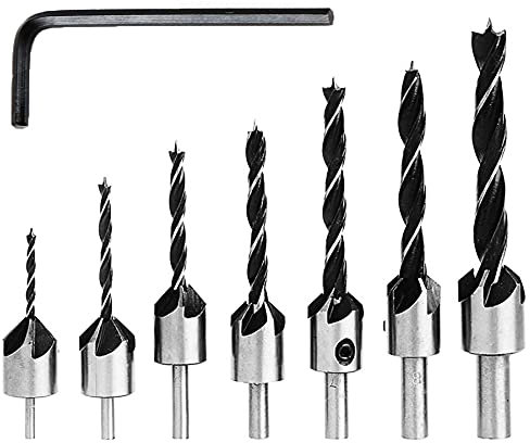 Dapetz ® Countersink Drill Bit Set - 7Pcs HSS 5 Flute Countersink Reaming Drill Bits Carpentry Reamer Screw Woodworking Chamfer Tool End Milling Drilling Hole & 3mm-10mm Hex Key Wrench