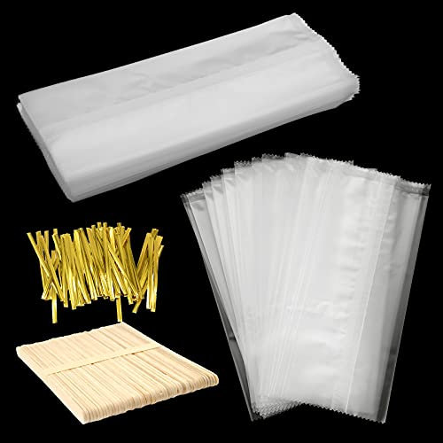 100 Stk Transparente Eis am Stiel Taschen und Hölzerne Eiscreme Stick mit 150 Stk Kabelbinder aus Metall Eis am Stiel Tasche Einweg Eisbeutel Eiswürfelbeutel für DIY Geschenk