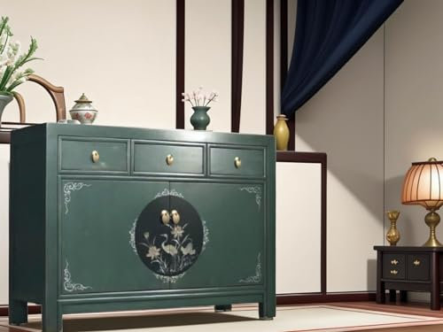 OPIUM OUTLET Chinesische Kommode Asia Sideboard orientalischer Schrank Vintage Anrichte Nachtschrank grün