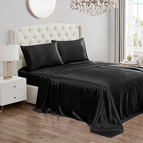 Juicy Couture , Seidensatin-Bettwäsche-Set für King-Size-Betten, Tiefe Tasche, seidiges Satin-Bettlaken-Set mit 1 Spannbetttuch, 1 Bettlaken und 2 Kissenbezügen, Schwarz