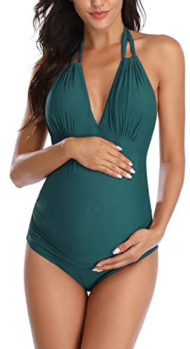 EastElegant Maillots de bain de maternité une pièce col en V maillot de bain de grossesse dos nu bikini de maternité, bleu paon, Taille XS
