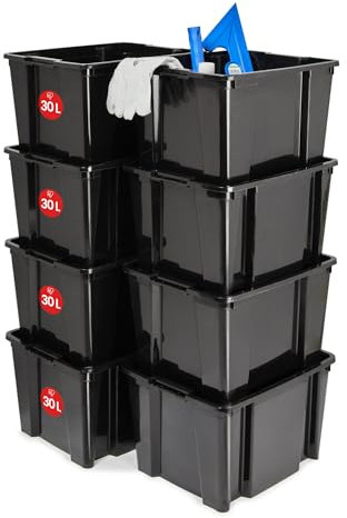 Iris Ohyama, Kunststoff-Aufbewahrungsbox, 30-Liter-Garage-Aufbewahrungsbox, 8er-Set, HB-30, Schwarz, stapelbar, ohne Deckel, B43 x T35 x H25,5 cm