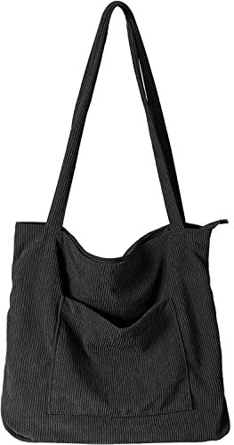 WantGor Cord Tasche Damen Umhängetasche mit Reißverschluss, Groß Handtasche Tote Bag Shopper Schultertaschen für Schule Arbeit Reisen Einkaufen Alltag (Schwarz)