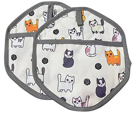 2 STÜCKE Topflappen mit Tasche Küche Baumwolle Hot Pads Kochtopfhalter mit süßem Kätzchenprint, Sechseckiger Untersetzer ofenhandschuhe Für Kochen Ofen Grill (Grau)