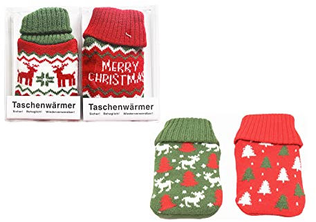 jameitop® 2er Set Premium Taschenwärmer X-Mas mit Strickbezug Sterne Handwärmer 2 Verschiedene Modelle Wärmflasche