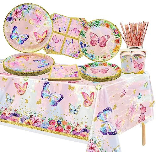 XJLANTTE 106 PCS Schmetterling Geburtstag Party Supplies - Schmetterling Teller, Servietten, Tassen und Tischdecke für Mädchen Baby-Dusche, Fairy Themed Party Dekorationen, serviert 20 Gäste