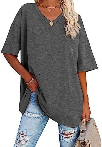 WINKEEY Tshirt Damen Oversize Shirt V Ausschnitt T-Shirt Basic Shirts Casual Top Bluse Sommer Kurzarm, Dunkelgrau L