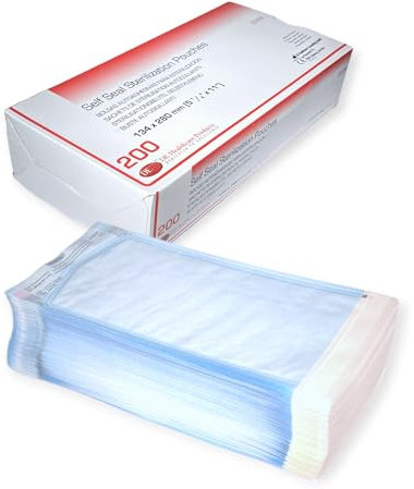 DE Healthcare Products - Sterilisationsbeutel (200 Stück), selbstklebend, Steriltüten ohne Seitenfalten, Maße je 13,4 x 28 cm