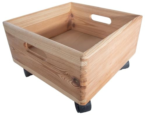 WooDeeDoo Wooden Square Storage Crate Box | 30 x 30 x 13 cm + 5 cm Wheels | Cut-out Handles | Non-lidded Container Moving Organiser | Plain Pine To Decorate
