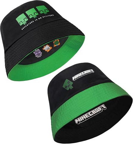 Minecraft Fischerhut Kinder Jungen Bucket Hat für Sommer, Urlaub, Strand - Gamer Geschenke für Jungs (Blau/Grün Umkehrbar)