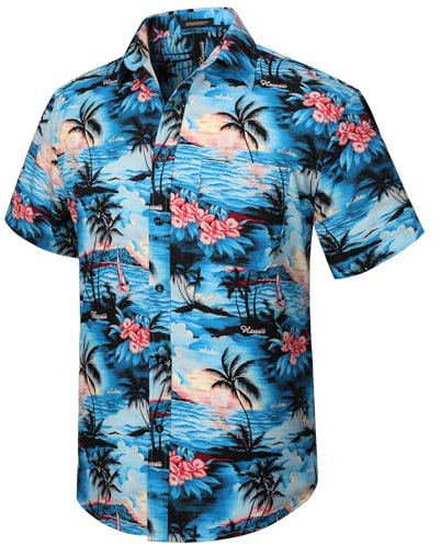 HISDERN Hawaiian Shirts for Men Casual Mens Shirts Short Sleeve Summer Funky Beach Men's Regular Fit Hawaii Print Short Sleeved Aloha Shirt,Blue,2XL