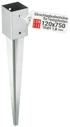120x120mm Einschlag-Bodenhülse für Holzpfosten Rund + 4-Kant Feuerverzinkt 1,8 mm Materialstärke für Zäune & Gartenprojekte Gesamtlänge 750 mm