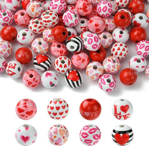 Stiesy Lot de 100 perles rondes en bois de 16 mm - Motif cœur rouge et rose - Pour la fabrication de bijoux, les loisirs créatifs et les bracelets