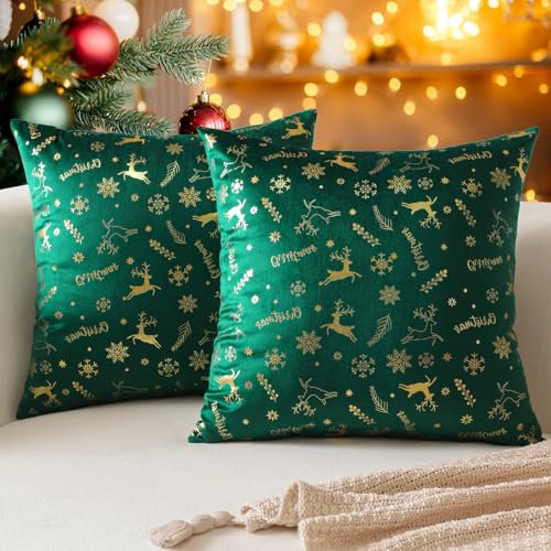 Ohok Weihnachten Gold Heißpräge Samt Kissenbezug, 2er Set Dekorativ Kissenhülle Deko Sofakissen Couchkissen Zierkissenbezüge für Sofa Wohnzimmer Schlafzimmer (Dunkelgrün Hirsch, 50x50cm)