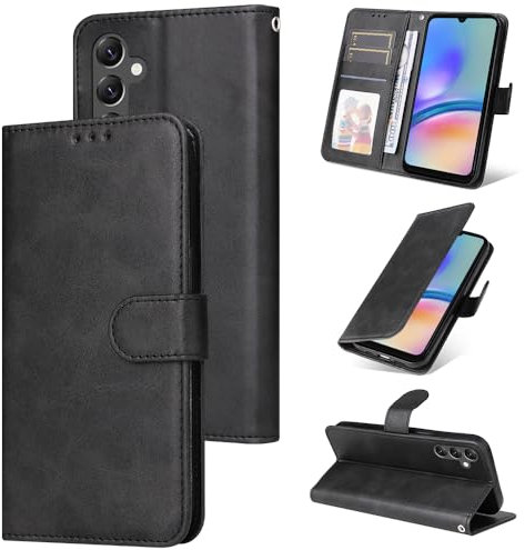 E-Lush Handyhülle für Samsung Galaxy A05S Hülle Leder, Premium Schutzhülle Samsung A05S Standfunktion Kartenfach Klapphülle 360 Stoßfeste RFID-Blockierung Wallet Flip Case, Schwarz