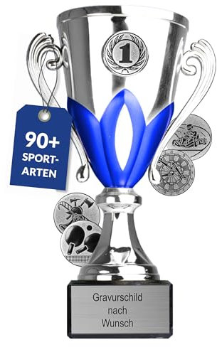 Pokal-Fabrik.de - Pokal mit Gravur Wunschtext in Silber-blau, 13 cm - personalisierte Auszeichnung & Sport Emblem nach Wahl - inkl. Marmorsockel - Geschenk-Trophäe - Pokal Kinder