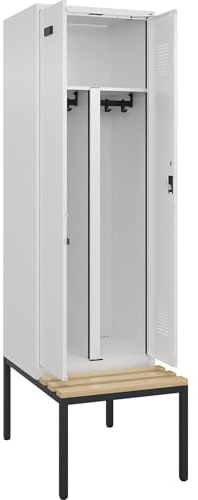 kaiserkraft | Schwarz-Weiß-Spind Evolo Plus Sitzbank | 2 Abteile | Trennwand verkürzt | weiß | B 600 mm | Zylinderschloss | mit untergebauter Sitzbank | Buche