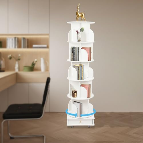 Gorgivous 360° Drehbares Bücherregal Weiß 5Etagen Bodenstehendes Bücherschrank Aus Holz Mehrstöckiges drehbares Bücherregal Bücherregal auf Rädern Für mehrstöckige Lagerregale