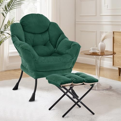 XH.Easy Go Lazy Chair mit Ottomane, Sessel Wohnzimmer Ohrensessel mit Hocker, Lesesessel Bequem Armchair Lounge Sessel mit Fußhocker, Relaxstuhl Relaxsessel mit Fußstütze, Seitentasche, Grün