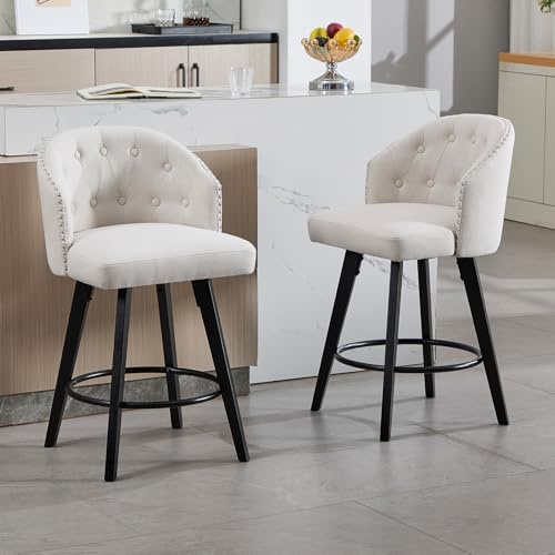KHISCHMO Barhocker 2er Set Barstuhl aus Leinen 360° Drehbar mit Holzrahmen Frühstück Barstühle für Esszimmer Armlose Tresenhocker für Küchentheke Bar, Beige