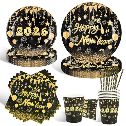 50 Stück Silvester Partygeschirr Set, Autos Motiv, für 10 Personen | Partyteller, Servietten und Papierstrohhalme, Happy New Year Partygeschirr, Geburtstagsparty Zubehör, Silvester Deko