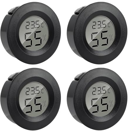 Reptile Thermometer Hygrometer, Round Humidity Temperature LCD Gauge | Terrarium vivarium monitor, lizard snake habitat, easy read, battery, adhesive mount, carry accurate quality practical duo