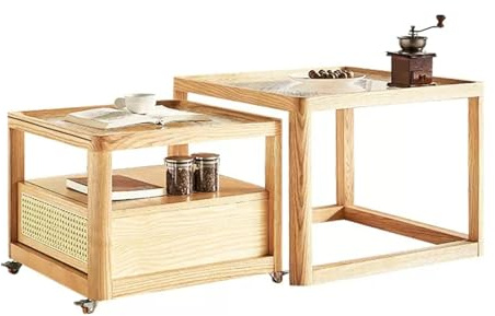 Lot de 2 tables basses gigognes modernes en verre avec accents en bois robuste pour salon, chambre à coucher, salon