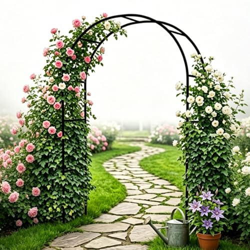 Metall Hochzeitsbogen Torbogen Rankhilfe, Stabiler Gartenbogen Rankgestell Mit Sockel, Laube Pflanzen Rosenbogen Pergola, Wetterfestes Stahl Rankgitter Für Garten Rasen(Black,W350*H220cm)