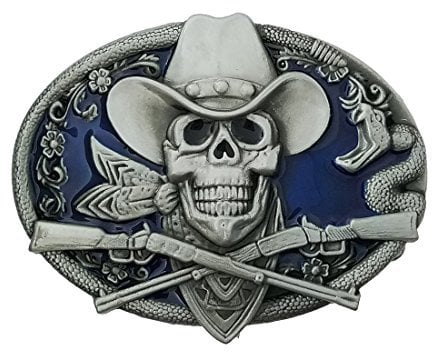 QUKE Western Cowboy Totenkopf mit Gewehren Waffen Gürtelschnalle, blau,