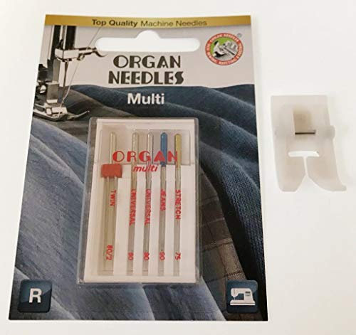 Organ Nadel Sortiment Multi Box (Flachkolben) 130/705 + Teflonfuß/Antihaftfuß Nähfuß für Brother, AEG, Silvercrest, Carina, Veritas, Singer, Janome, W6 Nähmaschinen u.v.m.