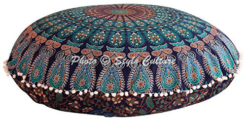 Stylo Culture Indisch Bodenkissenbezug Bodensitzkissen Boho 80 x 80 cm Groß Rund Mandala Blau Bohemien Pom Pom Spitze Wohnzimmer Baumwolle Pfauenfeder Rund Kissenbezug