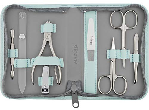 marQus Solingen Maniküre Set mit Nagel-Zange und Glasfeile 8 teilig - Nagelset in hochwertigem Lederetui - Vollwertiges Kit für Frau und Mann, Mint
