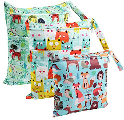 BelleStyle Wet Bag Nappy Bag,3 PCS Wet Dry Bag, Reusable Produce Bags,Waterproof Washable Hanging Large Two Zippered Pockets for Baby Diaper Travel Beach Pool Daycare Gym