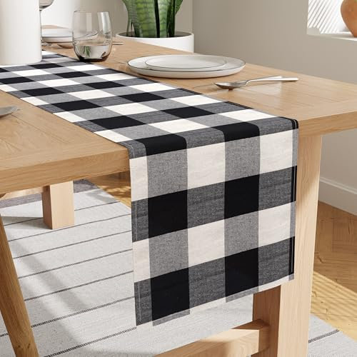Encasa XO Baumwoll-Tischläufer 8 Seater | Größe 32x230 cm | Buffalo Black Checks - Maschinenwaschbar & Langlebig