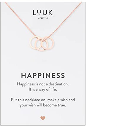 LUUK LIFESTYLE Collana in filigrana 50cm, con pendente anelli e dedica di HAPPINESS, in acciaio inox, idea regalo per le donne, stile semplice e delicato, rosa