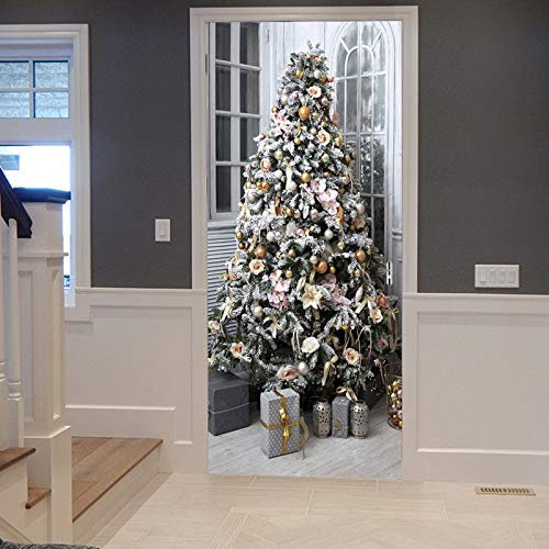 A.Monamour Türtapete Selbstklebend Türfolie Türposter 3D Weihnachts Geschenk Boxen Unter Kiefer Mit Kugelband Verzierungen Vinyl Folie Türdeko Tapete Wandbild Türaufkleber Türtattoo 77 x 200 cm