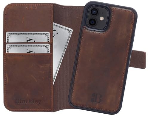 Burkley 2in1 Leder Handytasche für iPhone 12 Mini Handyhülle mit herausnehmbarem Back Cover, 360° Schutz (Antik Coffee)