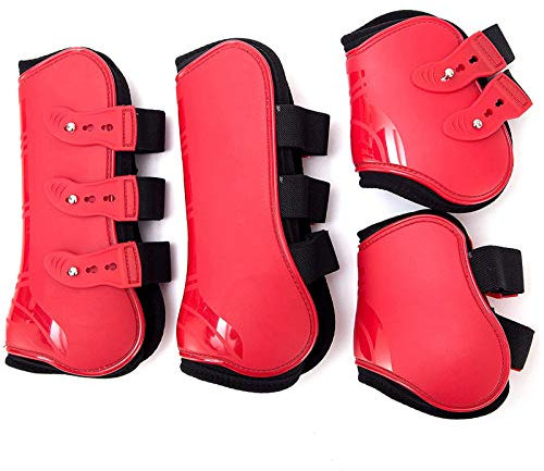 Gamaschen Pferde 4er Set,Sehne Schützer Einstellbar Pferdesprungschutz Vorne Hinter Paar Robust Elastisch PU Pferd Vorderhinterbein Stiefel für die Vorderbeine,Rot,XL